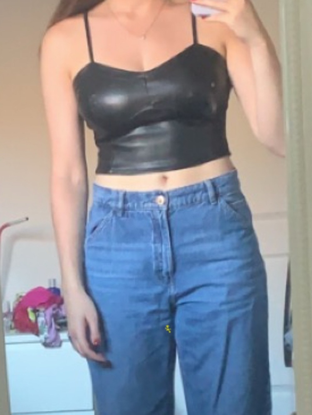 Guess Black Faux Leather Cropped Bustier Camisole